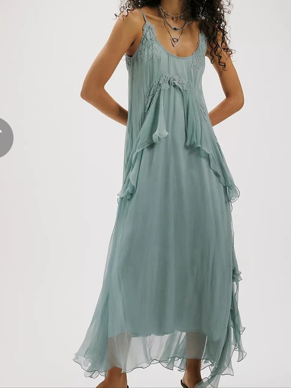 Free People  Nigel Preston Floating Sage Green Maxi Dress with Delicate Layering